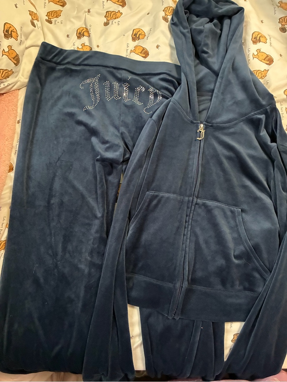Juicy Couture Blue Velour Hoodie & Pants Set with Rhinestone Logo